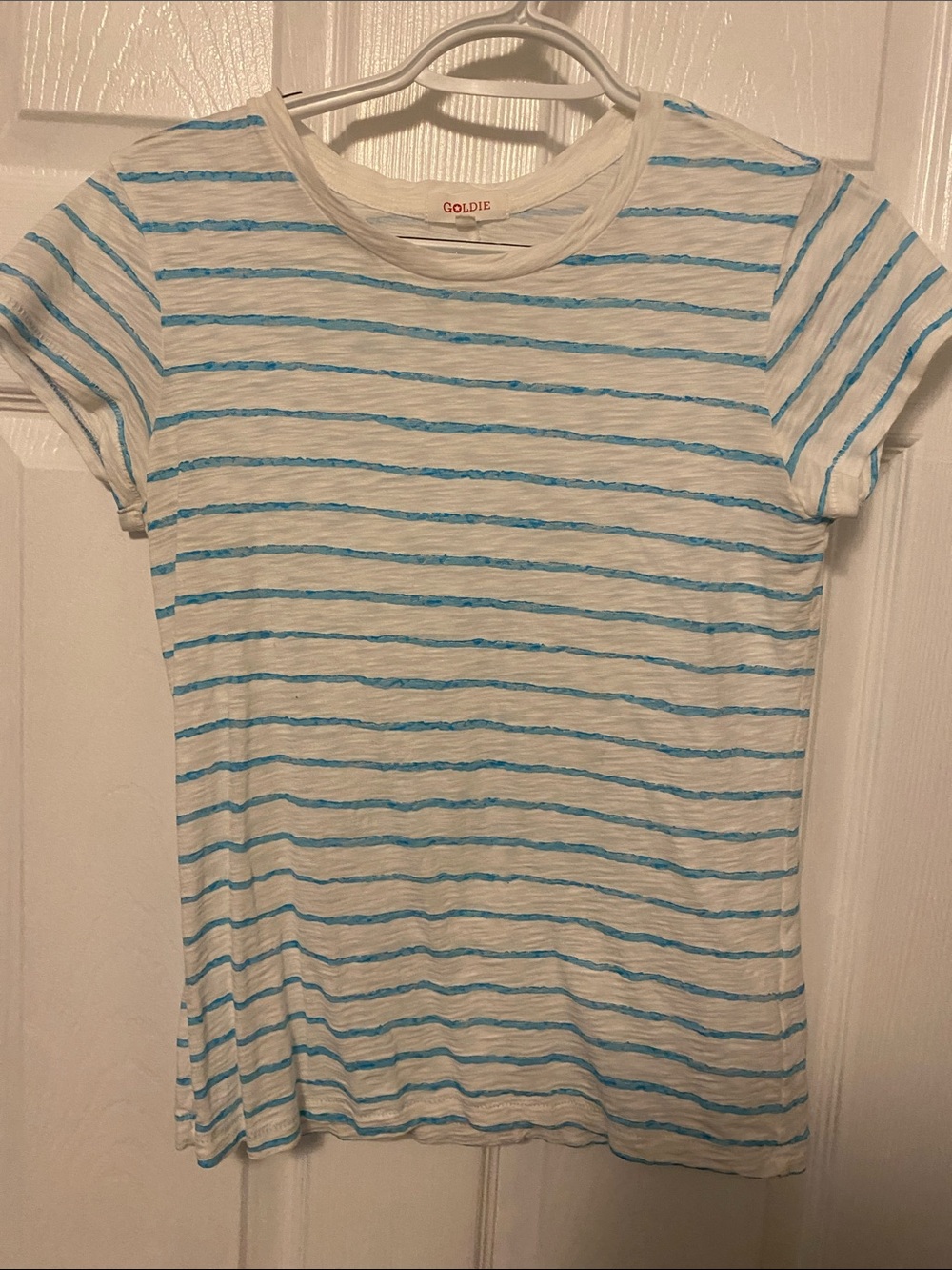 Goldie White Tee with Light Blue Stripes